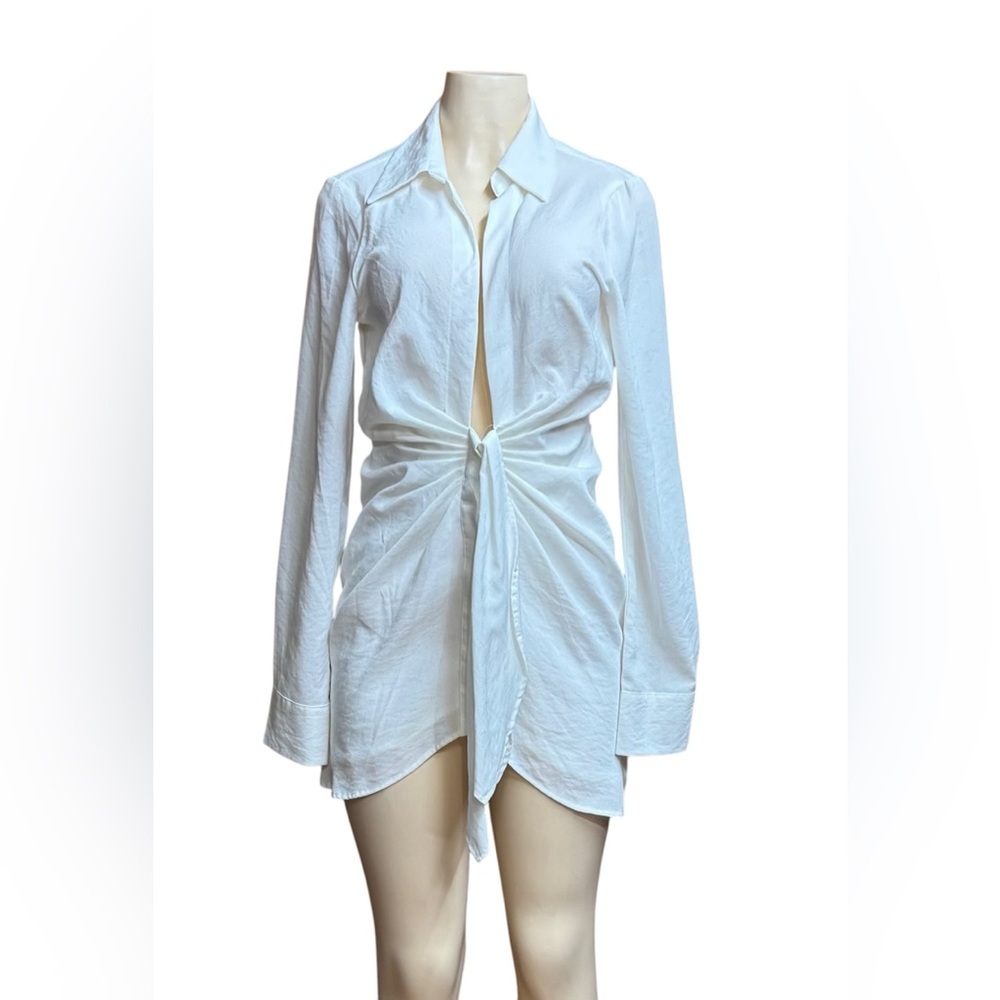 White Button Down Mini Dress with Ruched Tie Front
